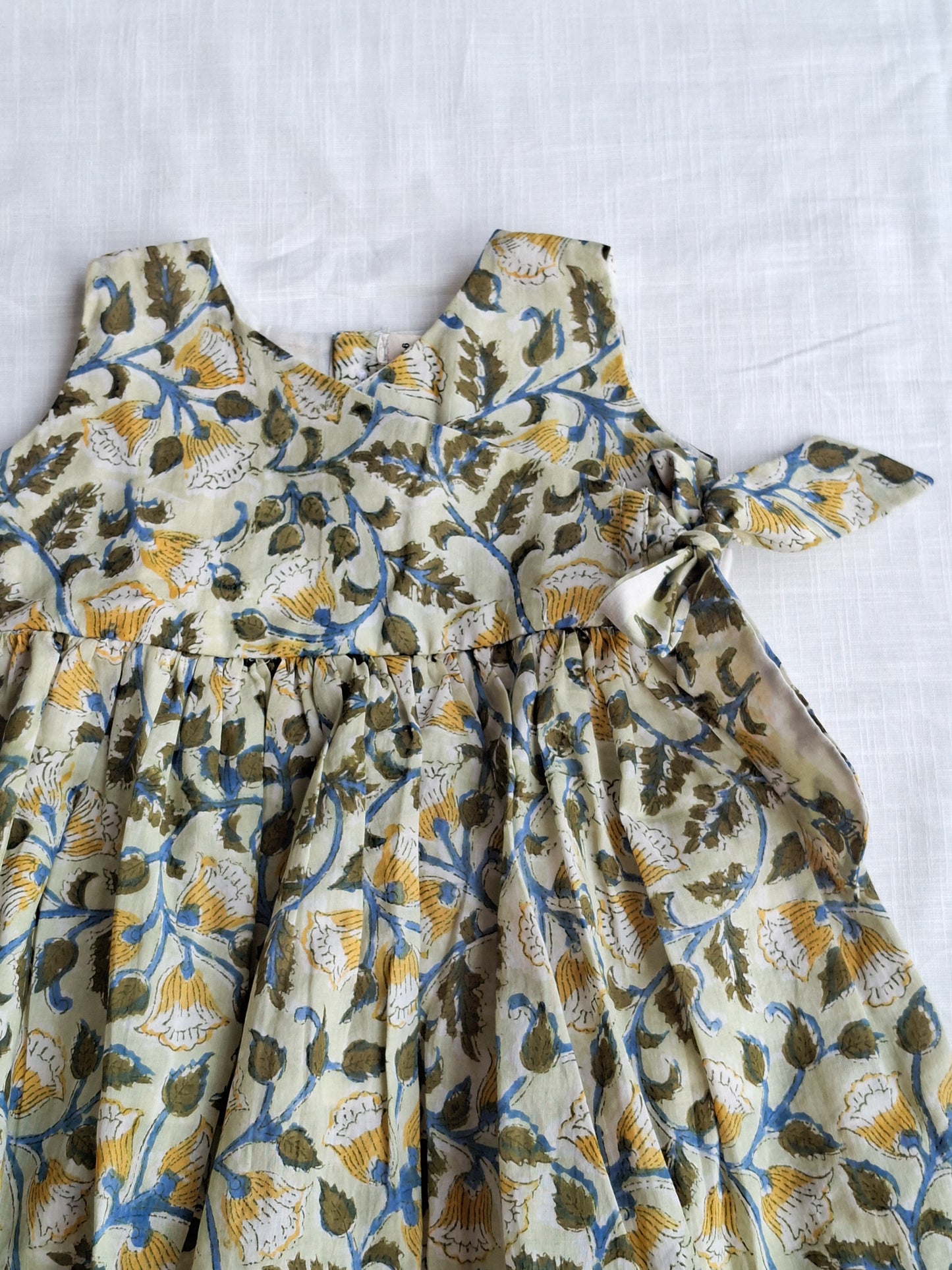 Handblock Mul Cotton Angarakha Frock with Side Bow- Forest Dew