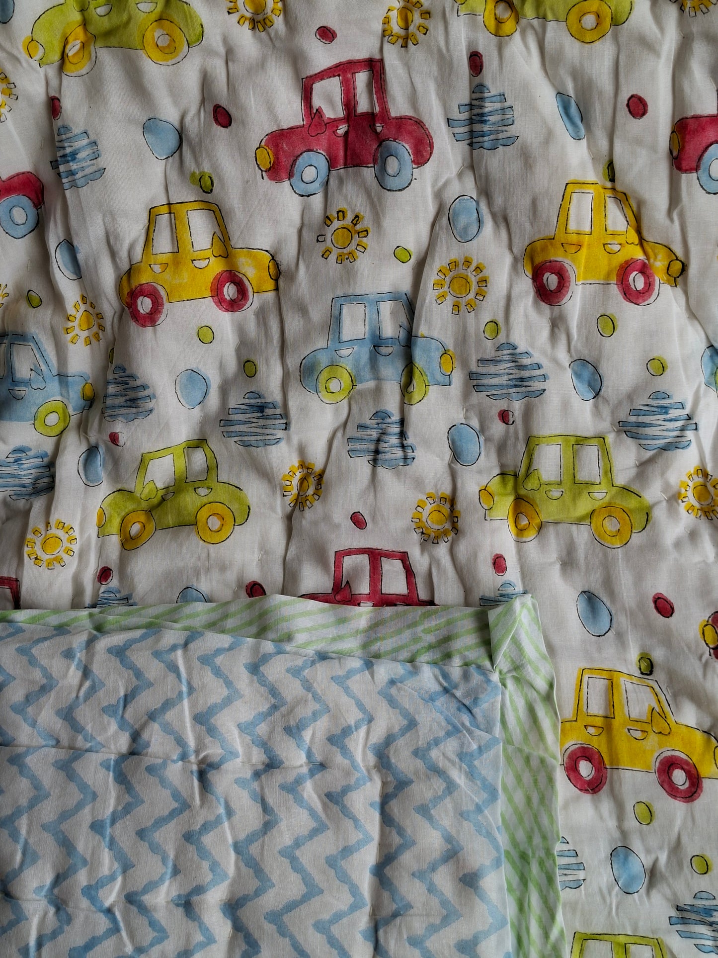 Broom Broom Car Mulmul Cotton Baby Quilt – Handcrafted & Reversible
