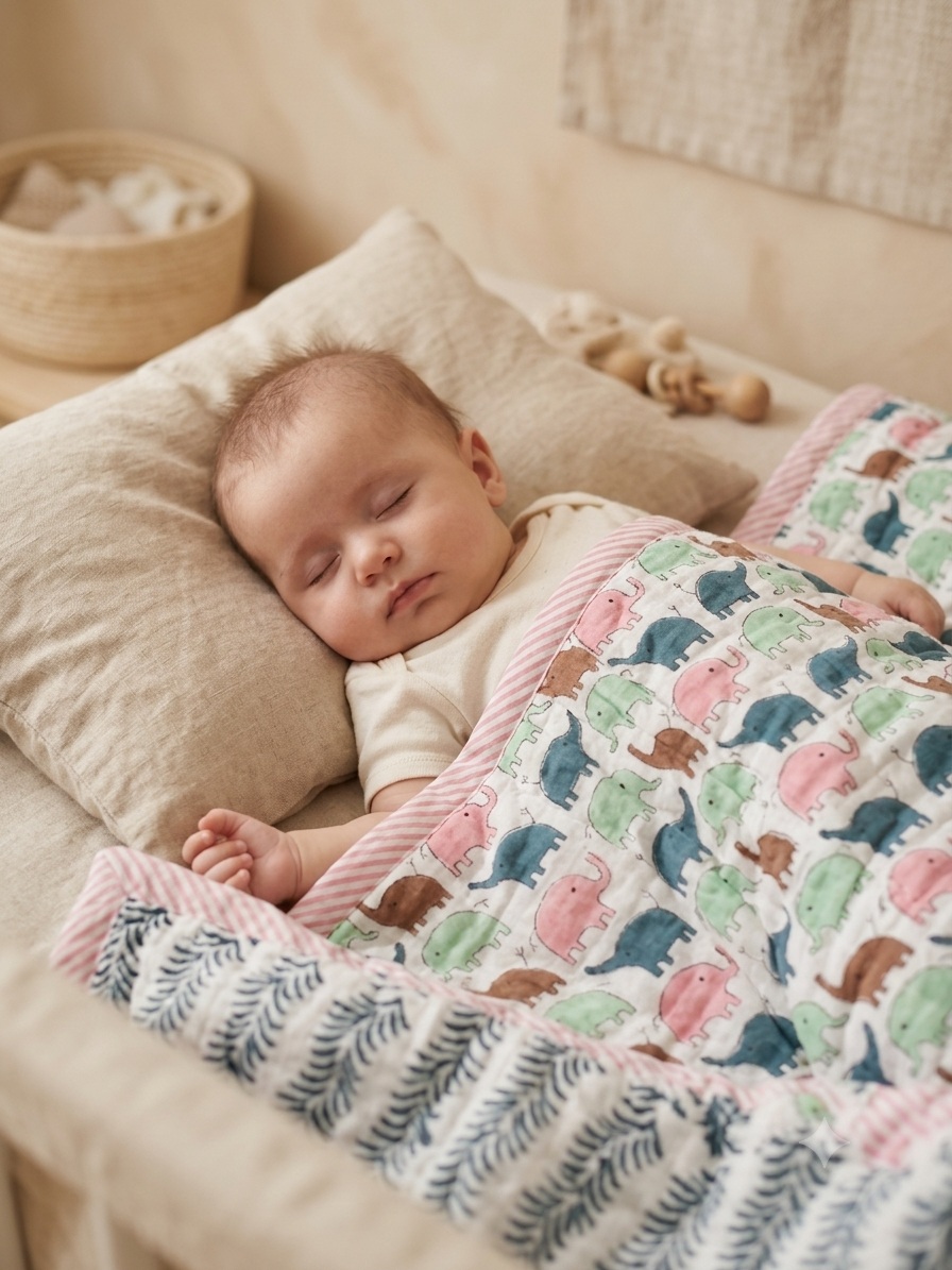 Little Elephant Mulmul Cotton Baby Quilt – Handcrafted & Reversible