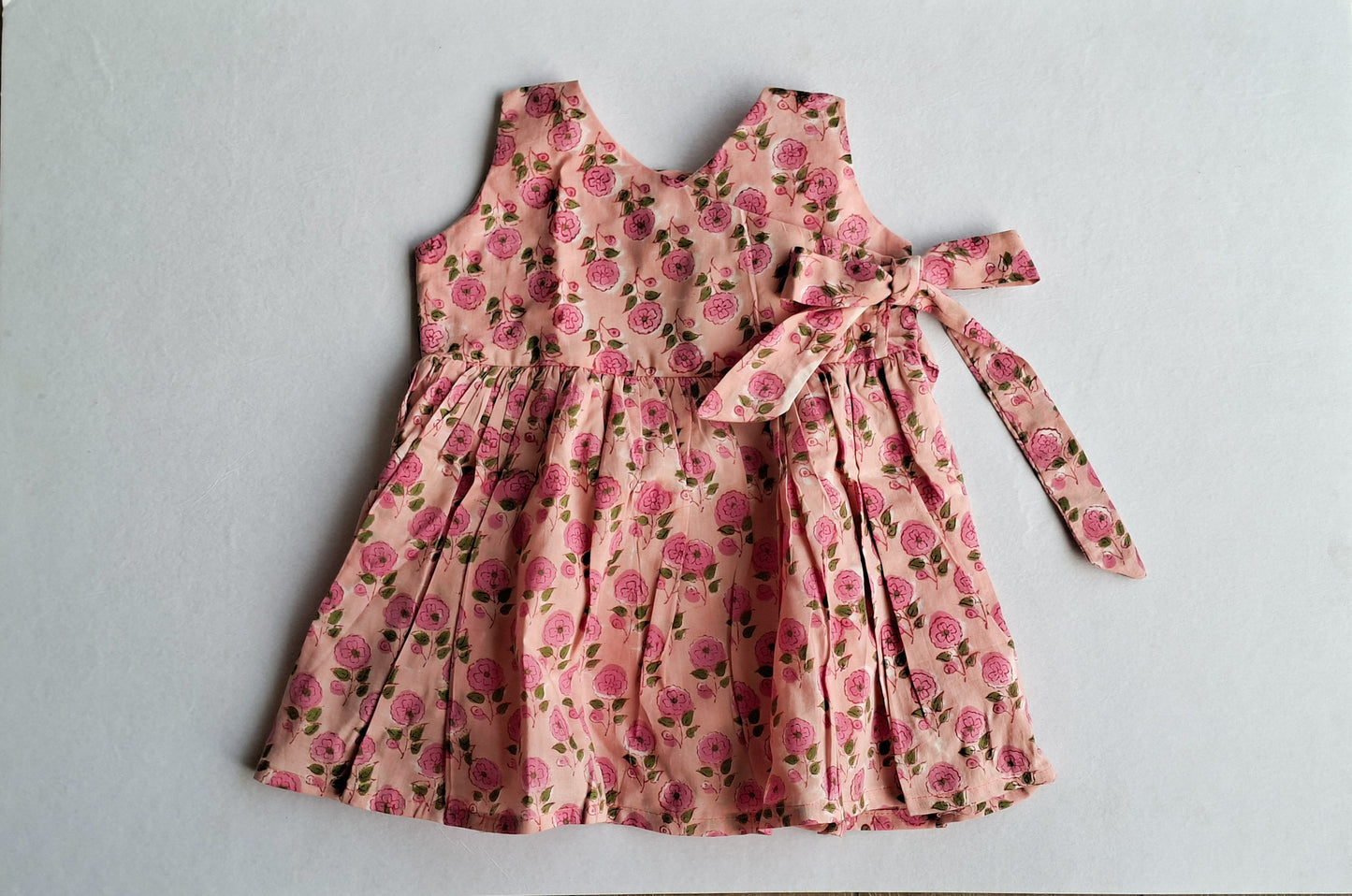 Lal Gulab Handblock Print Angarakha With Side Bow Mul Mul Cotton Frock