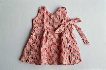 Lal Gulab Handblock Print Angarakha With Side Bow Mul Mul Cotton Frock