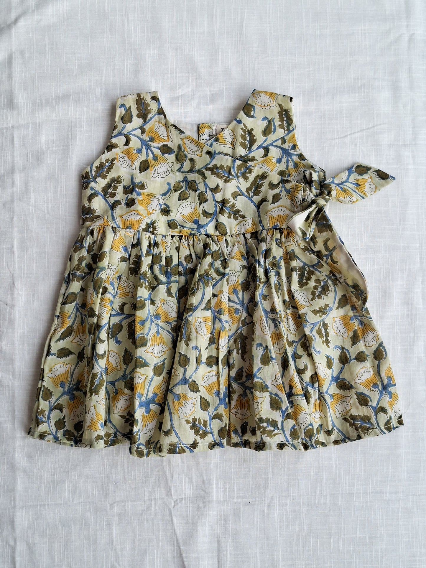 Handblock Mul Cotton Angarakha Frock with Side Bow- Forest Dew