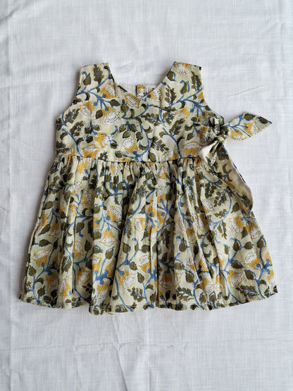 Handblock Mul Cotton Angarakha Frock with Side Bow- Forest Dew