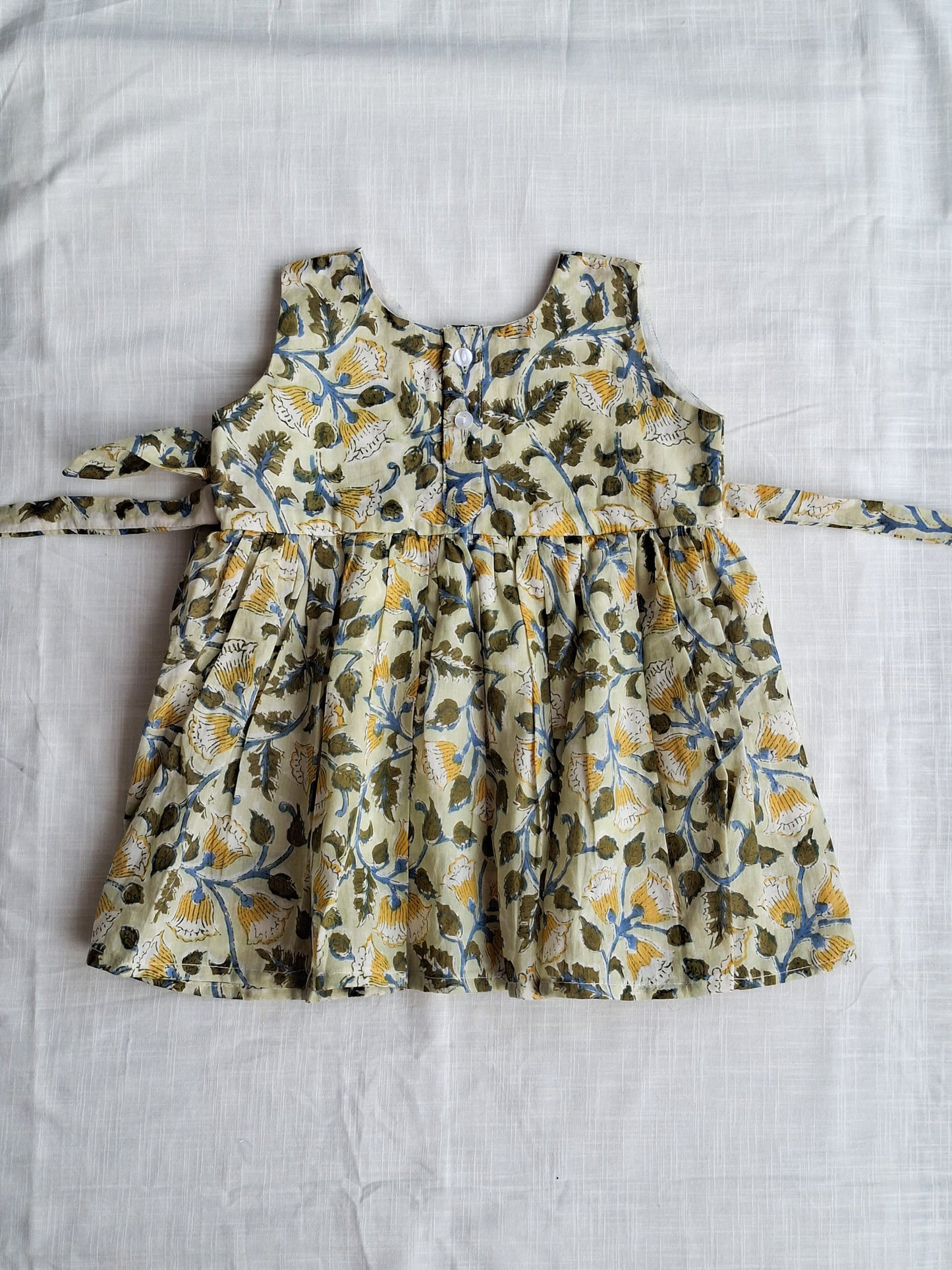 Handblock Mul Cotton Angarakha Frock with Side Bow- Forest Dew