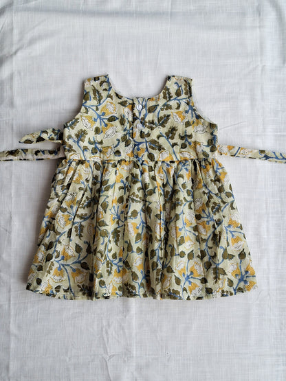 Handblock Mul Cotton Angarakha Frock with Side Bow- Forest Dew