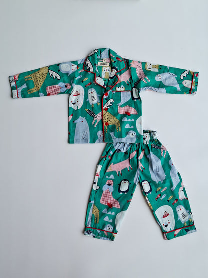 Forest Friends Pure Cotton Night Suit – Teal Green