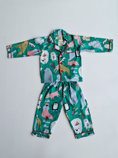 Forest Friends Pure Cotton Night Suit – Teal Green