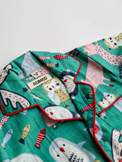 Forest Friends Pure Cotton Night Suit – Teal Green