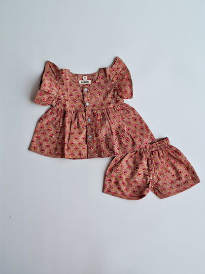 Earthy Daffodill HandBlock Mul Cotton Girl Co-Ord Set