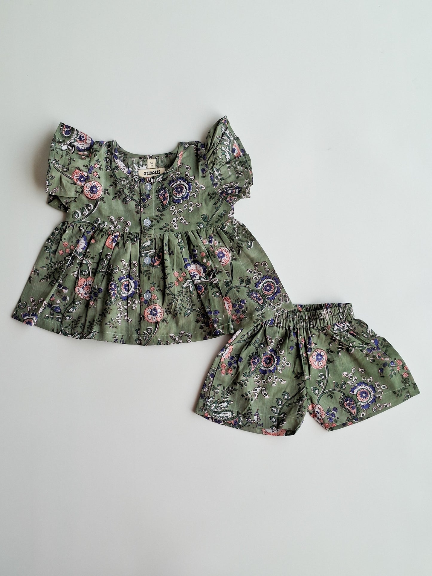 Olive Phool Bhaag HandBlock Mul Cotton Girl Co-Ord Set