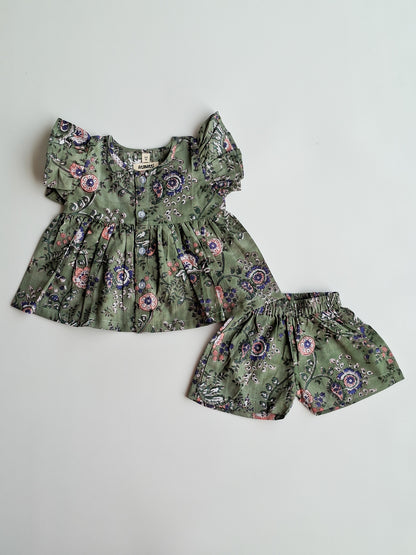 Olive Phool Bhaag HandBlock Mul Cotton Girl Co-Ord Set