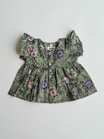 Olive Phool Bhaag HandBlock Mul Cotton Girl Co-Ord Set