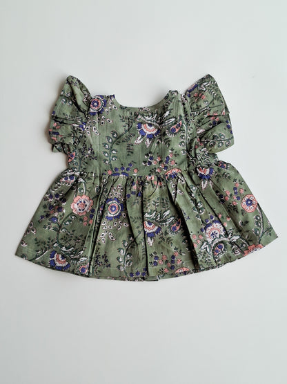 Olive Phool Bhaag HandBlock Mul Cotton Girl Co-Ord Set