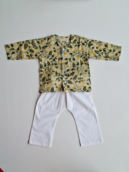 Baby Jhabla Set Handblock Print Mul Cotton – Green Floral Jaal Motif