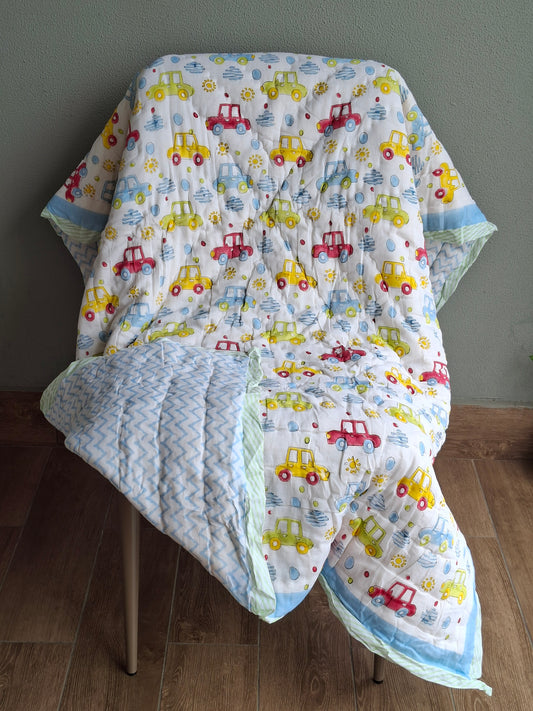 Broom Broom Car Mulmul Cotton Baby Quilt – Handcrafted & Reversible