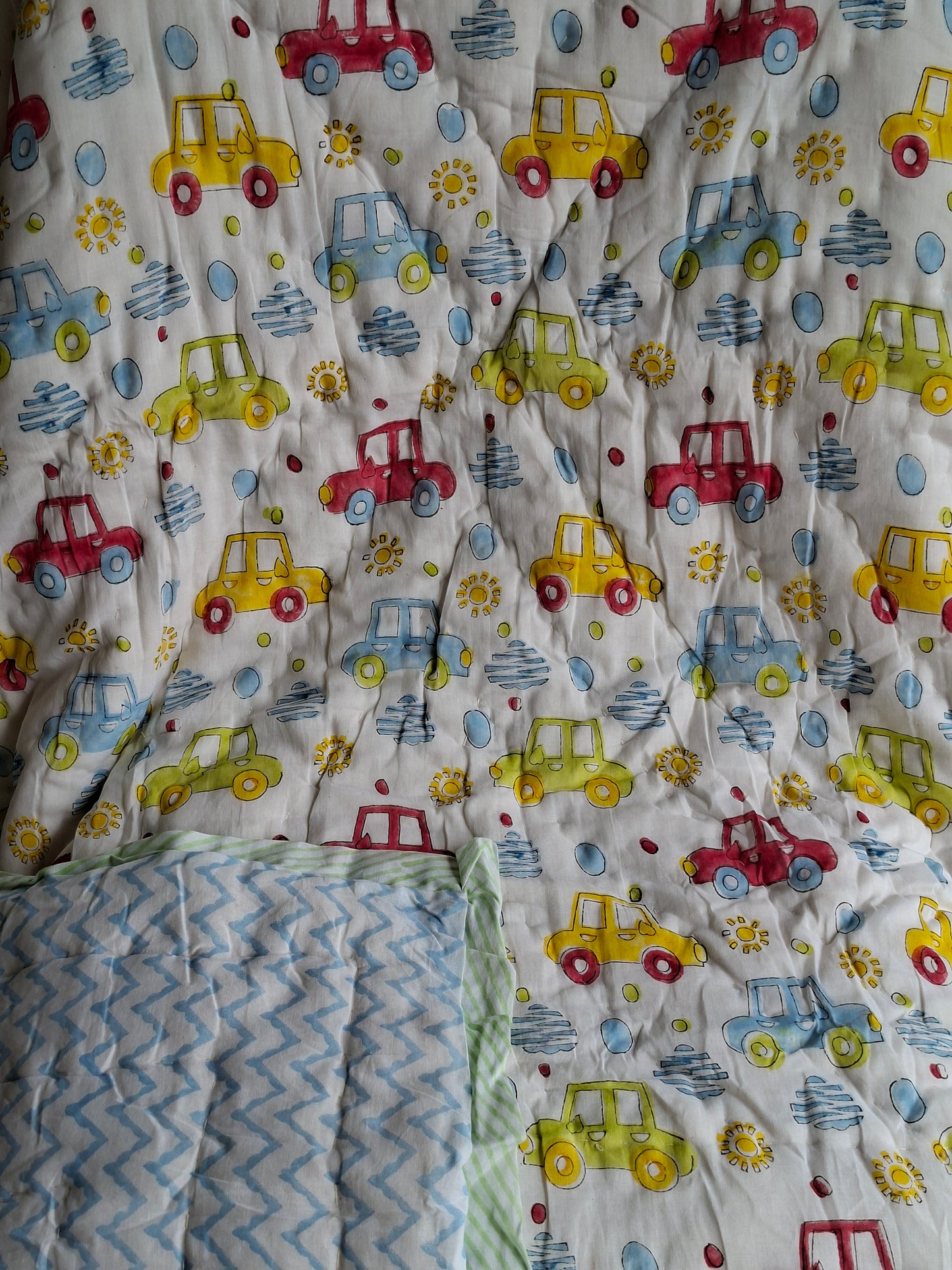Broom Broom Car Mulmul Cotton Baby Quilt – Handcrafted & Reversible
