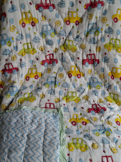 Broom Broom Car Mulmul Cotton Baby Quilt – Handcrafted & Reversible
