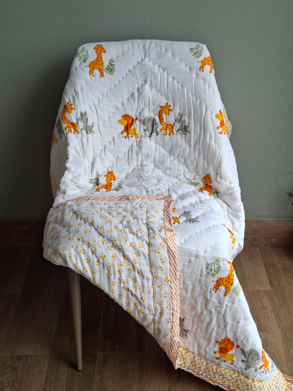 Jungle Buddies Mulmul Cotton Baby Quilt – Handcrafted & Reversible