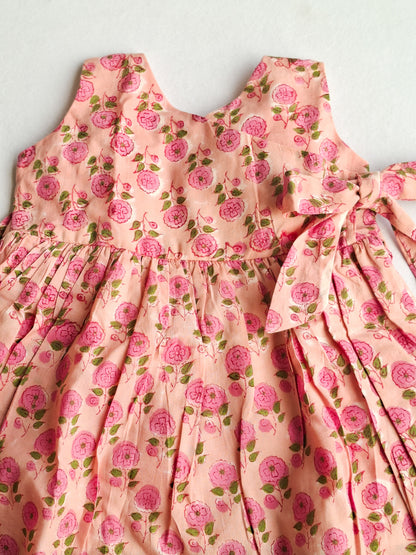 Lal Gulab Handblock Print Angarakha With Side Bow Mul Mul Cotton Frock