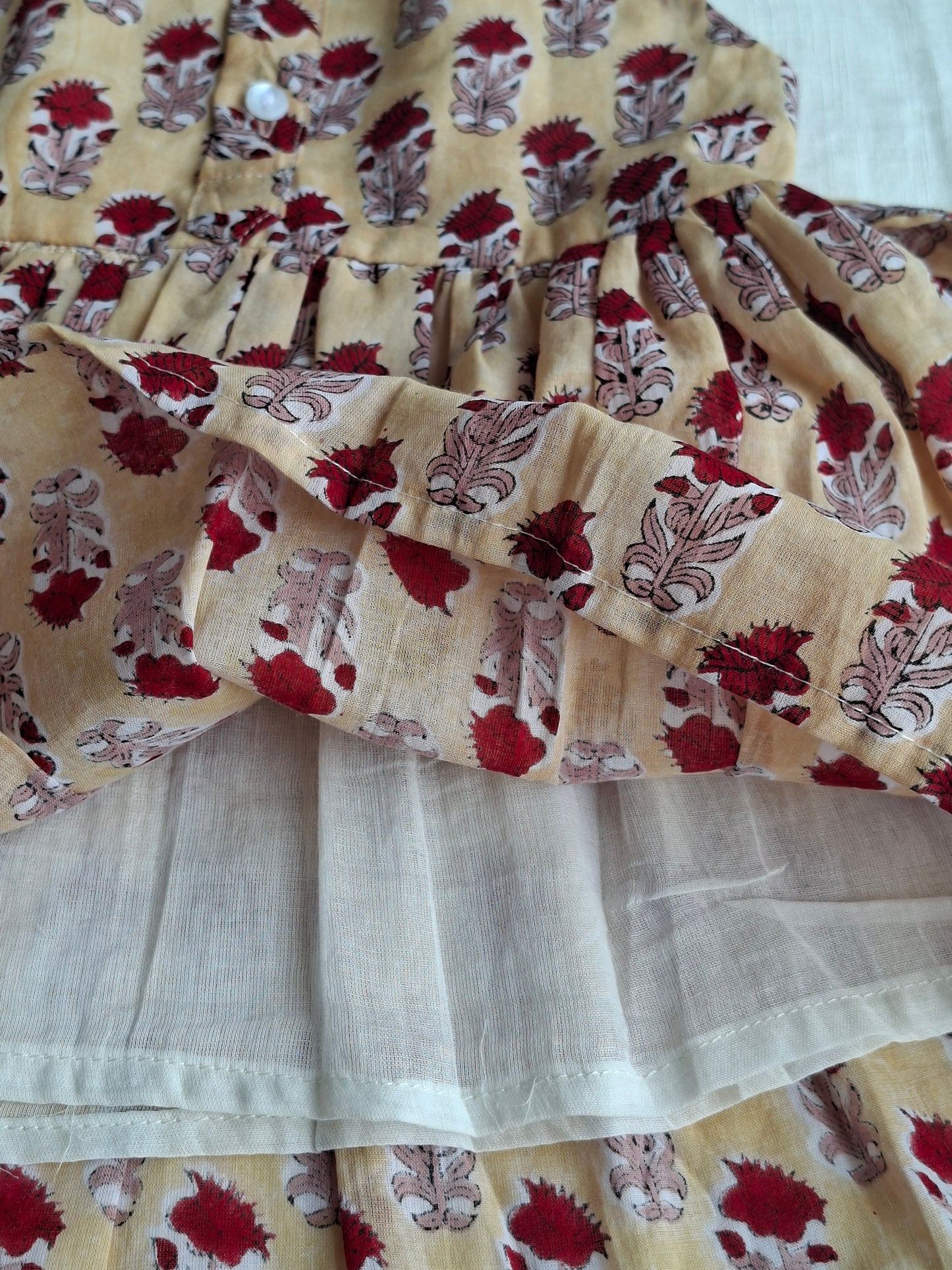 Red Nanhi Phool Angarkha Side Bow Mul Mul Cotton Handblock Print Frock
