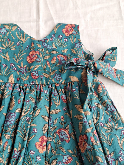 Peacock Green Floral Angarkha Frock with Side Bow Frock