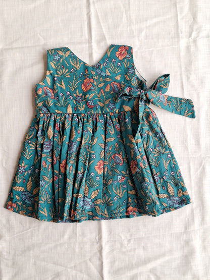 Peacock Green Floral Angarkha Frock with Side Bow Frock