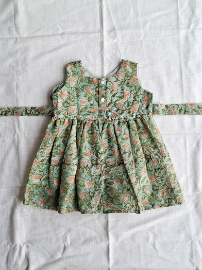 Latika Bel Handblock Angarkha With Side Bow Mul Mul Cotton Frock