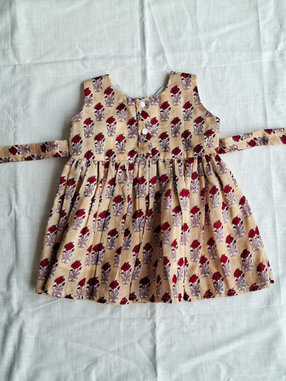 Red Nanhi Phool Angarkha Side Bow Mul Mul Cotton Handblock Print Frock