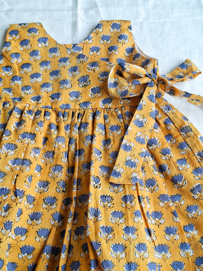 Mustard Neel Kamal Angarkha With Side Bow Mul Mul Cotton Frock