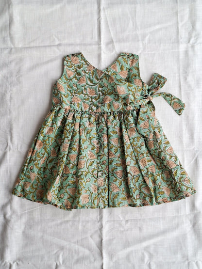 Latika Bel Handblock Angarkha With Side Bow Mul Mul Cotton Frock