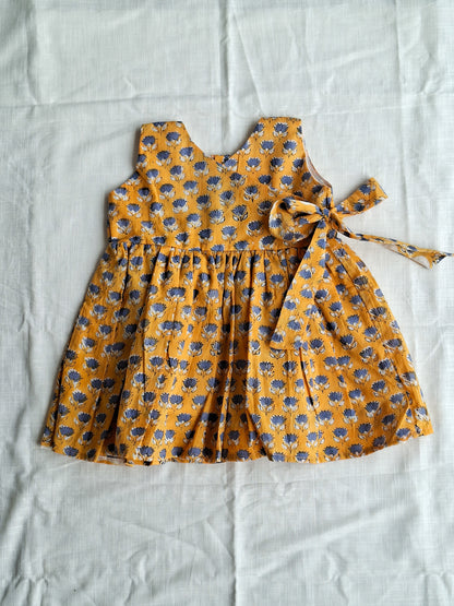 Mustard Neel Kamal Angarkha With Side Bow Mul Mul Cotton Frock