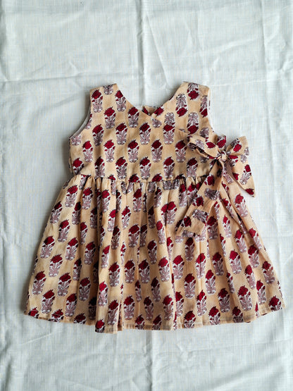 Red Nanhi Phool Angarkha Side Bow Mul Mul Cotton Handblock Print Frock