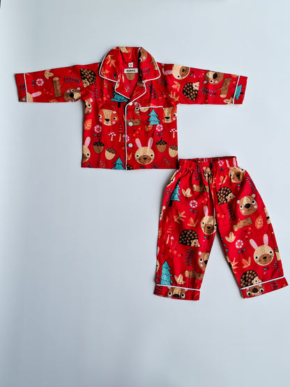 Atibatti Red Jungle Buddies pure cotton nightsuit for babies and toddlers