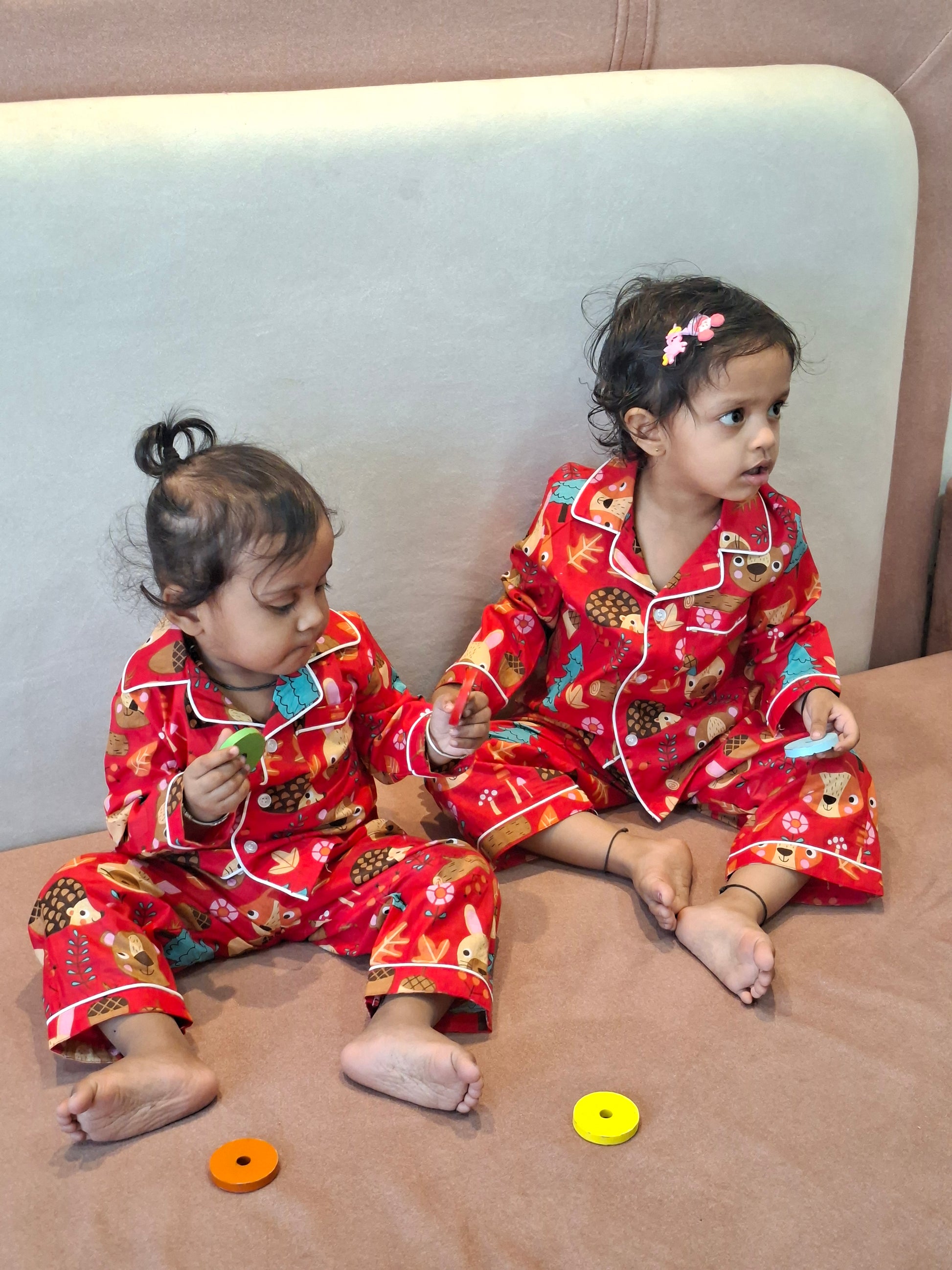 Atibatti Red Jungle Buddies pure cotton nightsuit for babies and toddlers