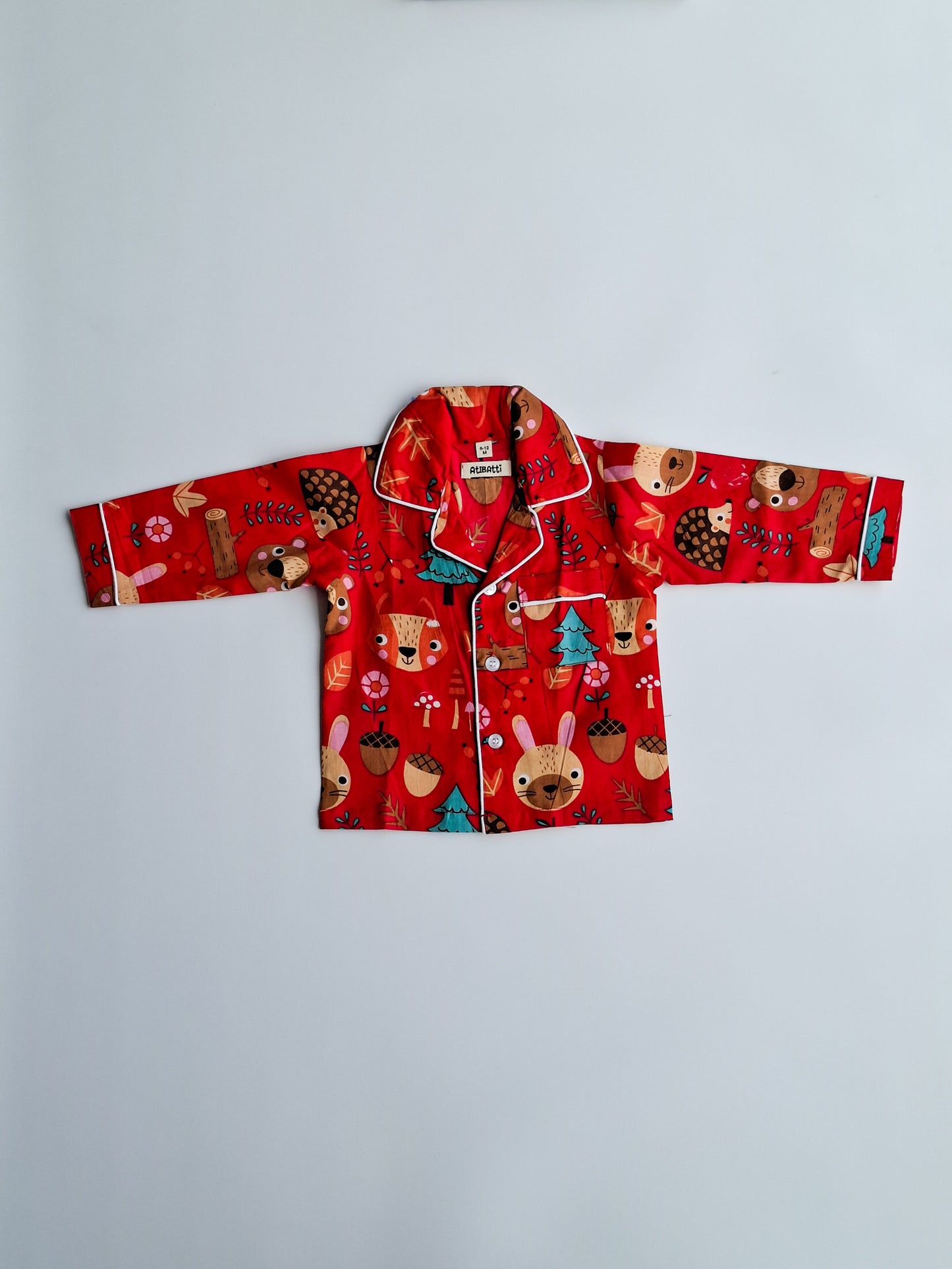 Atibatti Red Jungle Buddies pure cotton nightsuit for babies and toddlers top view