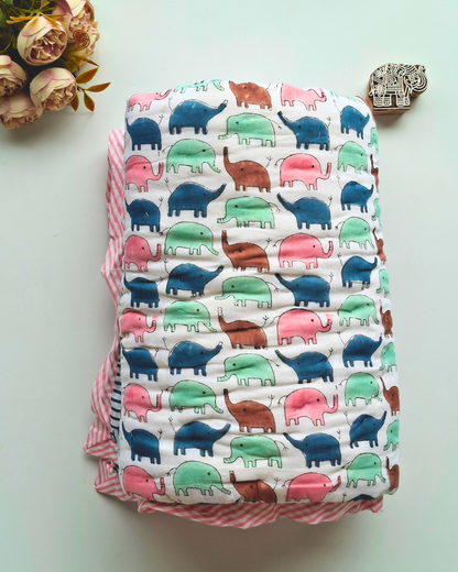 Little Elephant Mulmul Cotton Baby Quilt – Handcrafted & Reversible