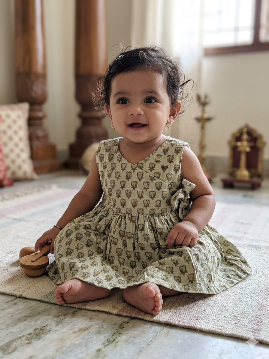 green handblock print baby girl cotton dress