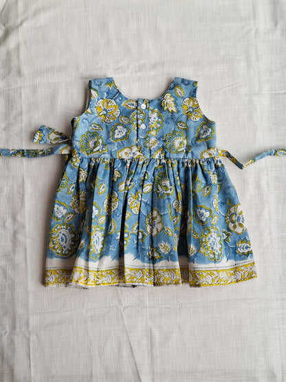 Neel Phool Jaal Angarkha With Side Bow Mul Mul Cotton Frock