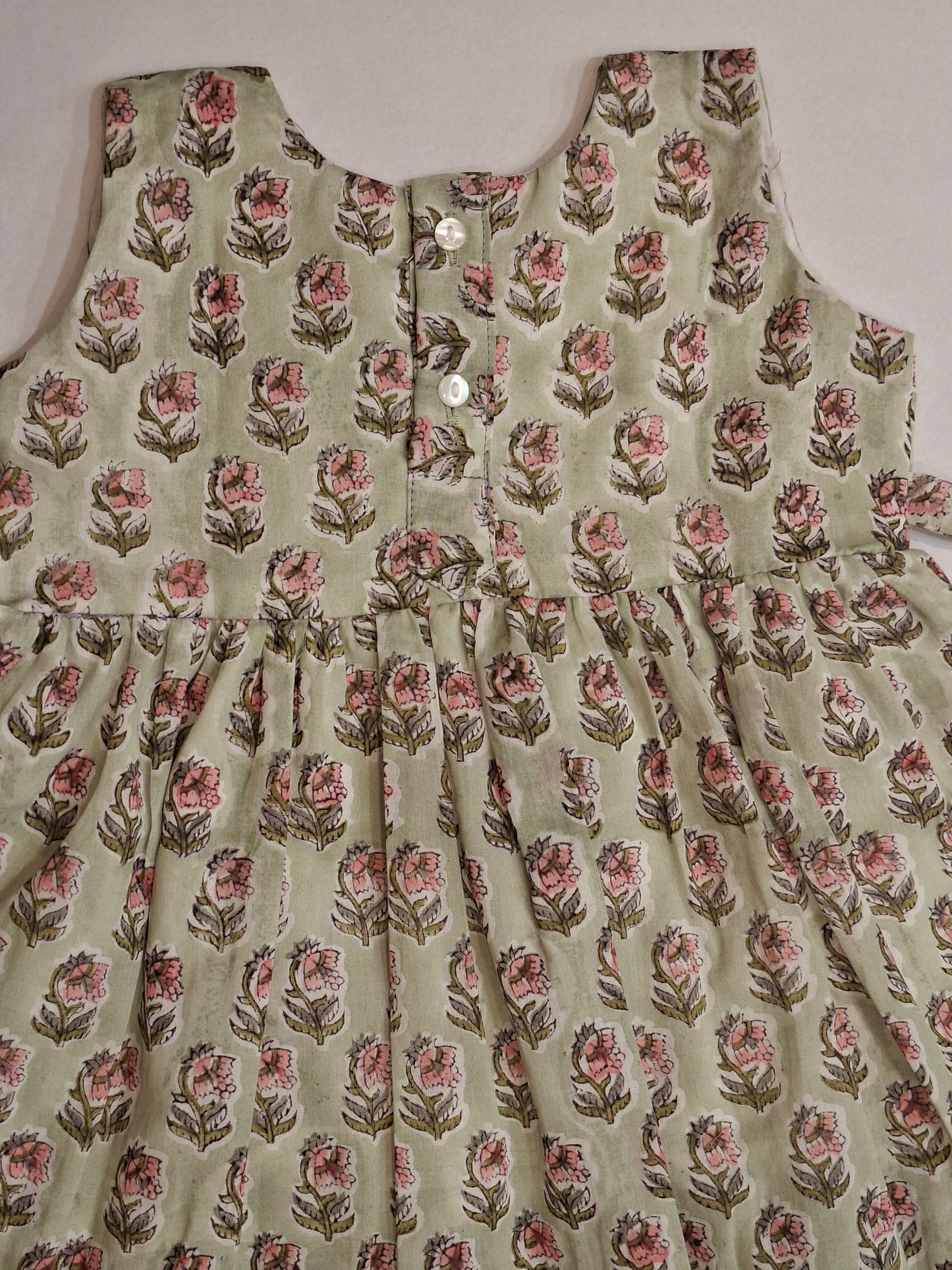 Handblock Mul Cotton Angarkha Frock with Side Bow - Pastel Flower Butta