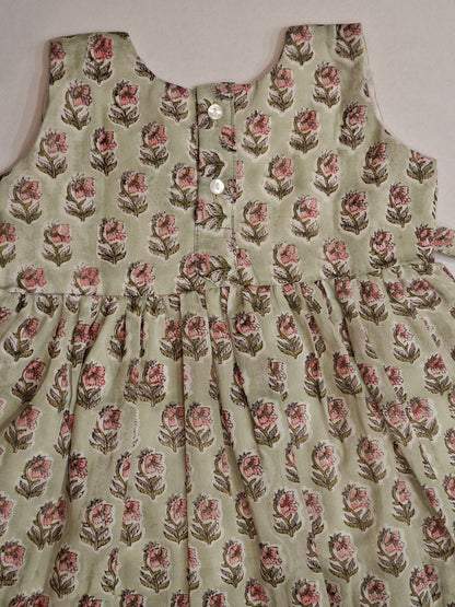 Handblock Mul Cotton Angarkha Frock with Side Bow - Pastel Flower Butta