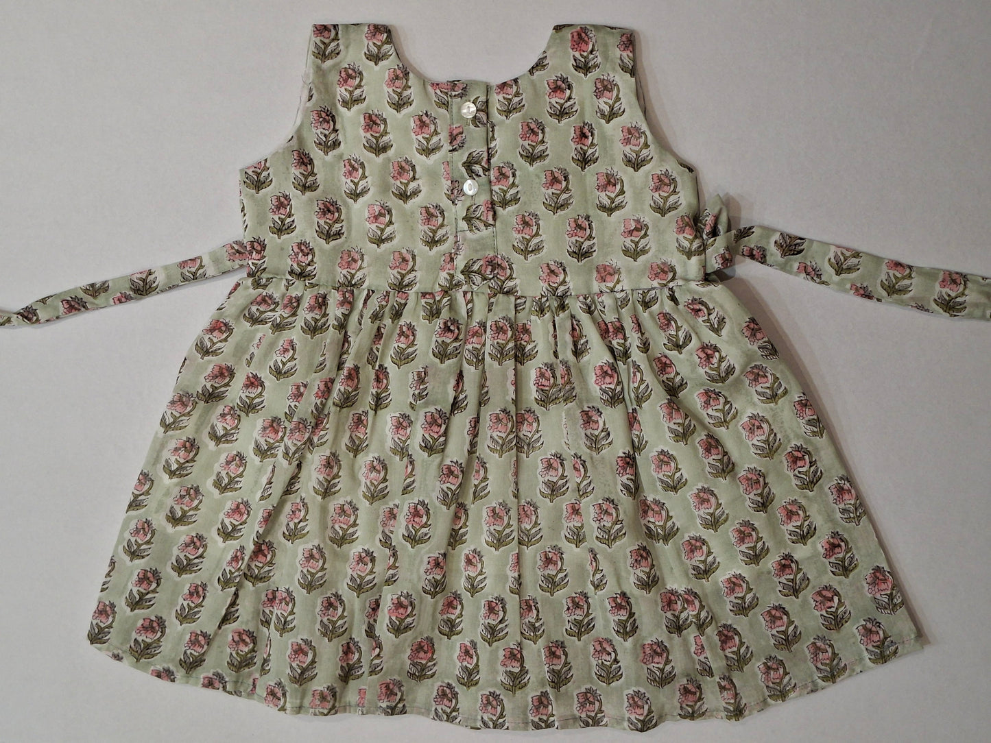 Handblock Mul Cotton Angarkha Frock with Side Bow - Pastel Flower Butta