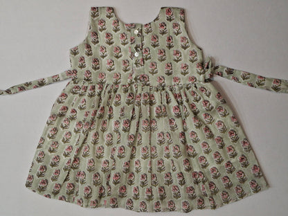 Handblock Mul Cotton Angarkha Frock with Side Bow - Pastel Flower Butta