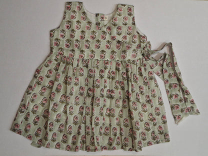 Handblock Mul Cotton Angarkha Frock with Side Bow - Pastel Flower Butta
