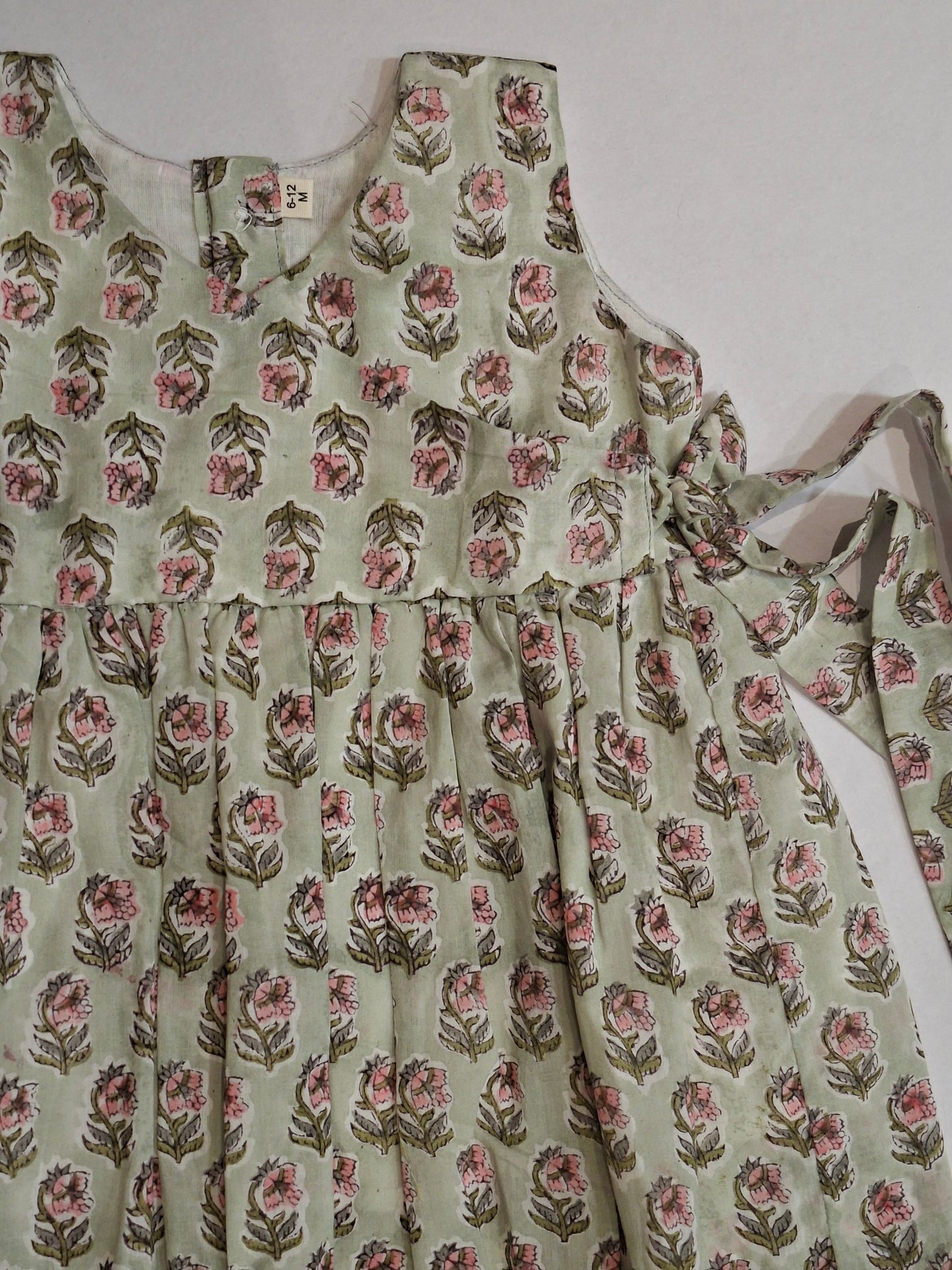 Handblock Mul Cotton Angarkha Frock with Side Bow - Pastel Flower Butta