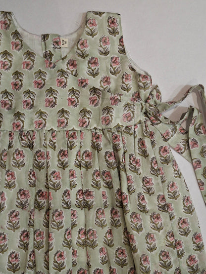 Handblock Mul Cotton Angarkha Frock with Side Bow - Pastel Flower Butta