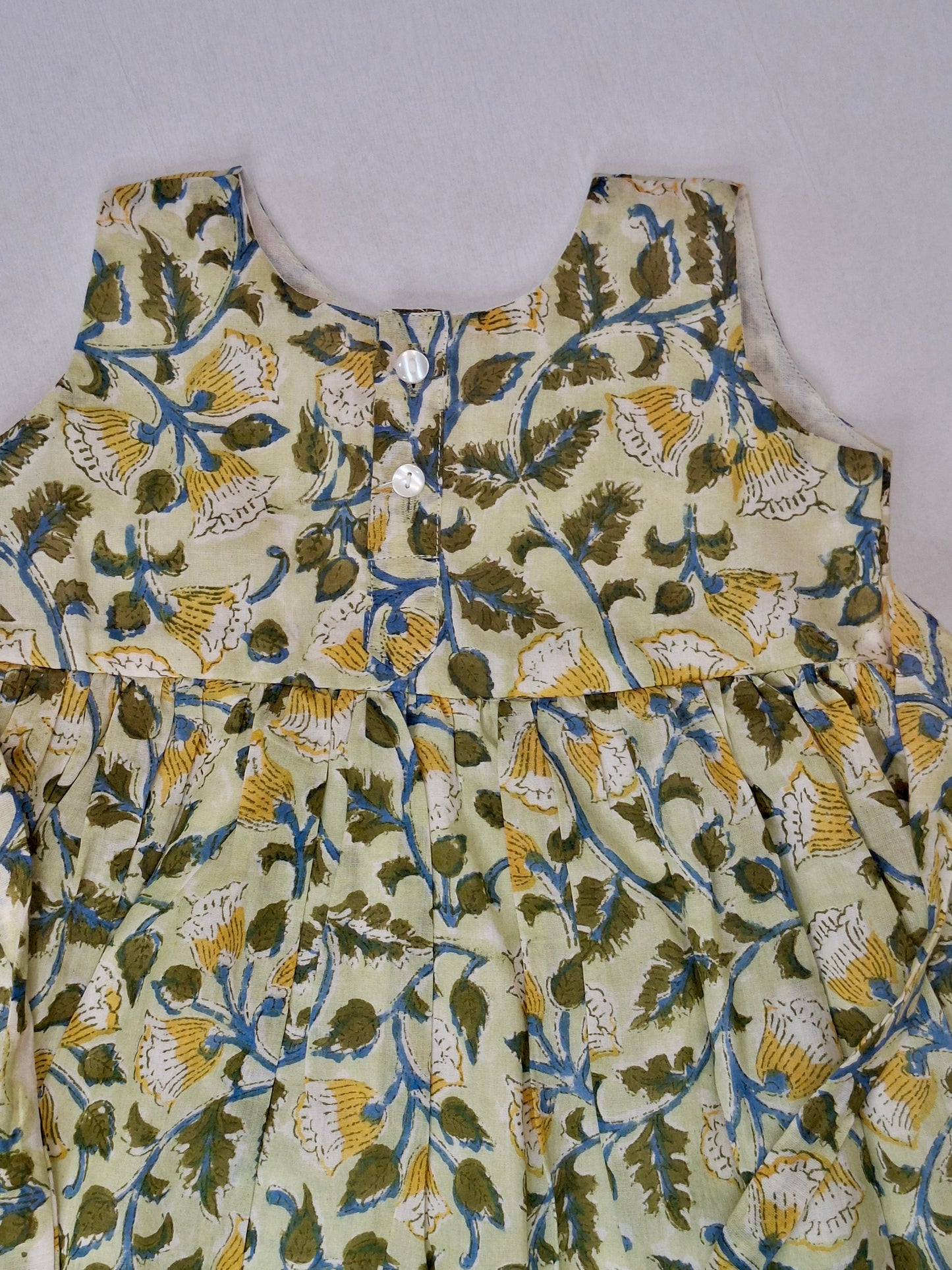 Handblock Mul Cotton Angarakha Frock with Side Bow- Forest Dew