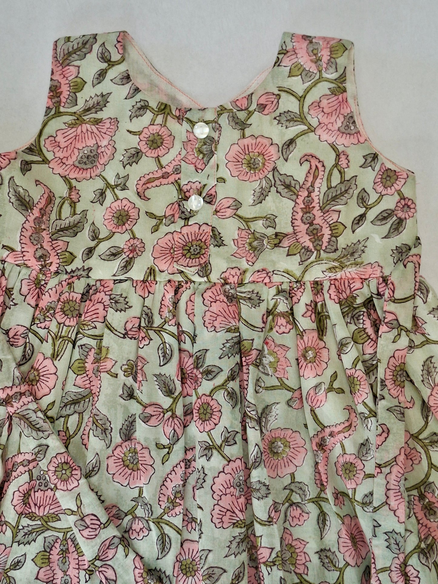 Handblock Mul Cotton Angarkha Frock with Side Bow - Pastel Fluwari Buta