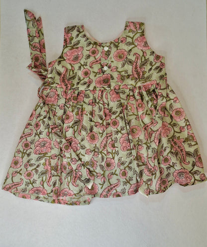 Handblock Mul Cotton Angarkha Frock with Side Bow - Pastel Fluwari Buta