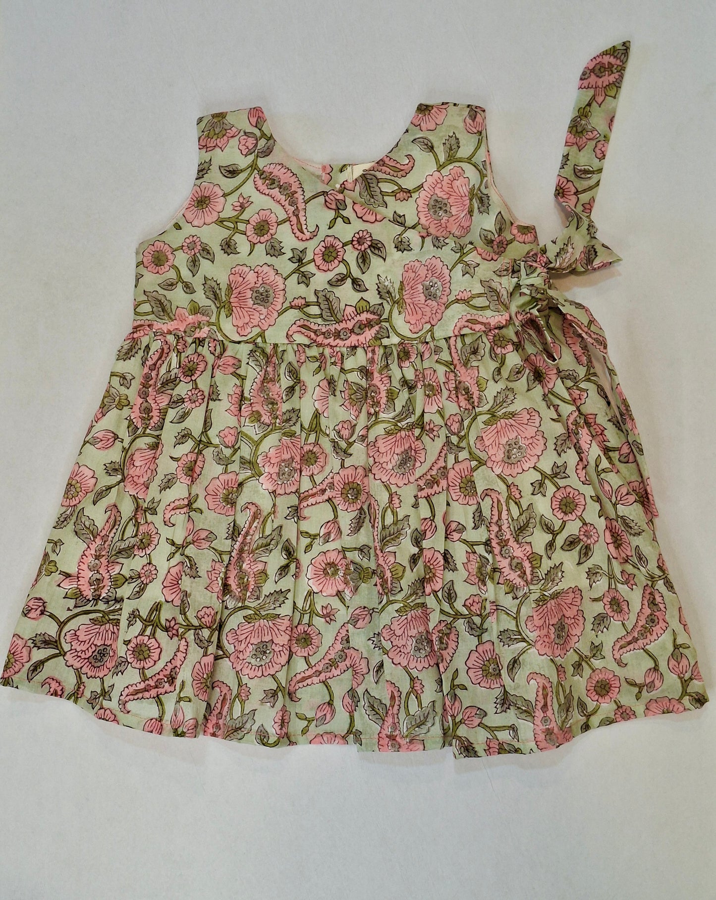 Handblock Mul Cotton Angarkha Frock with Side Bow - Pastel Fluwari Buta