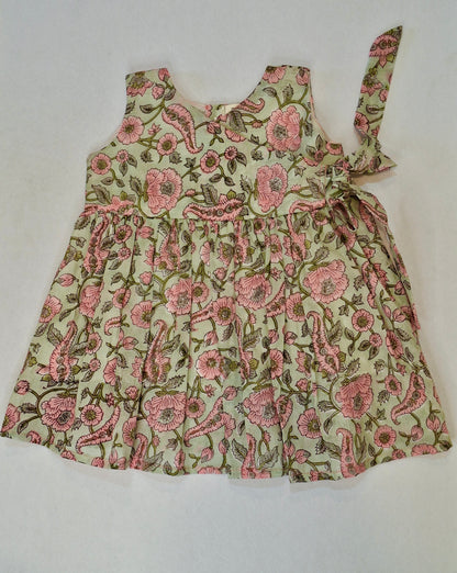 Handblock Mul Cotton Angarkha Frock with Side Bow - Pastel Fluwari Buta